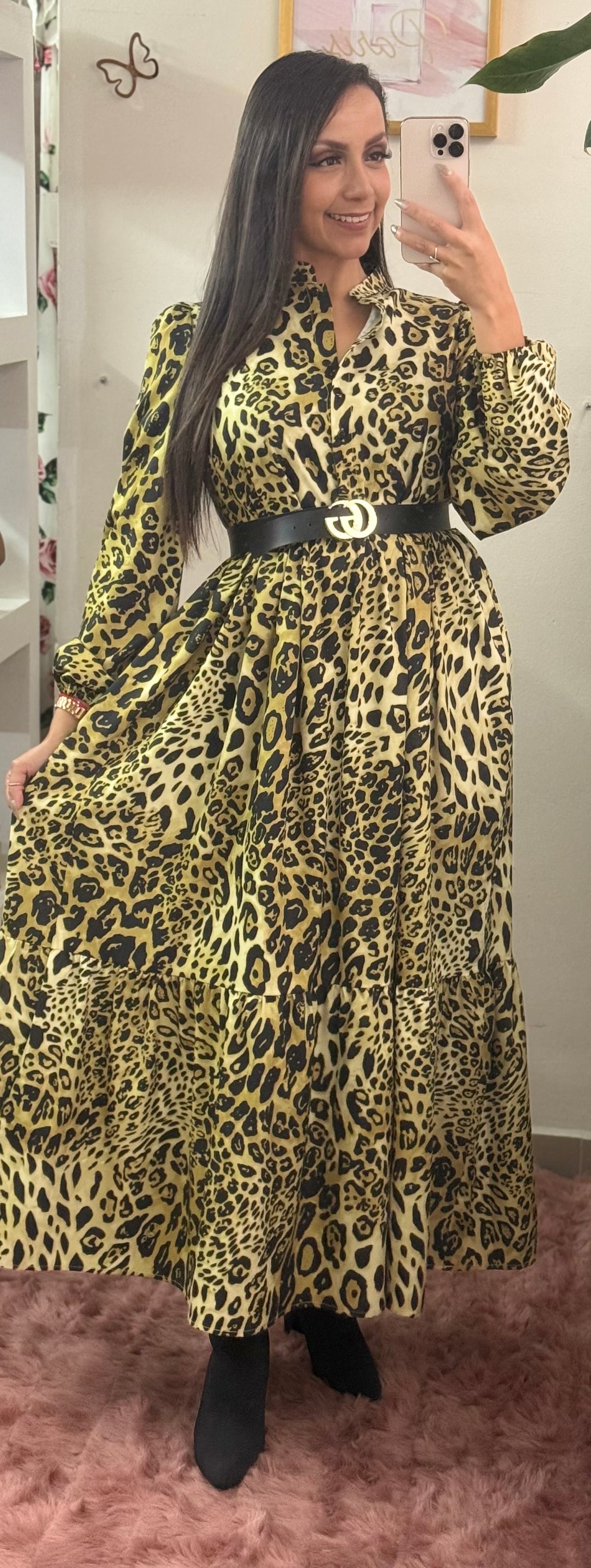 Vestido largo corte A animal print