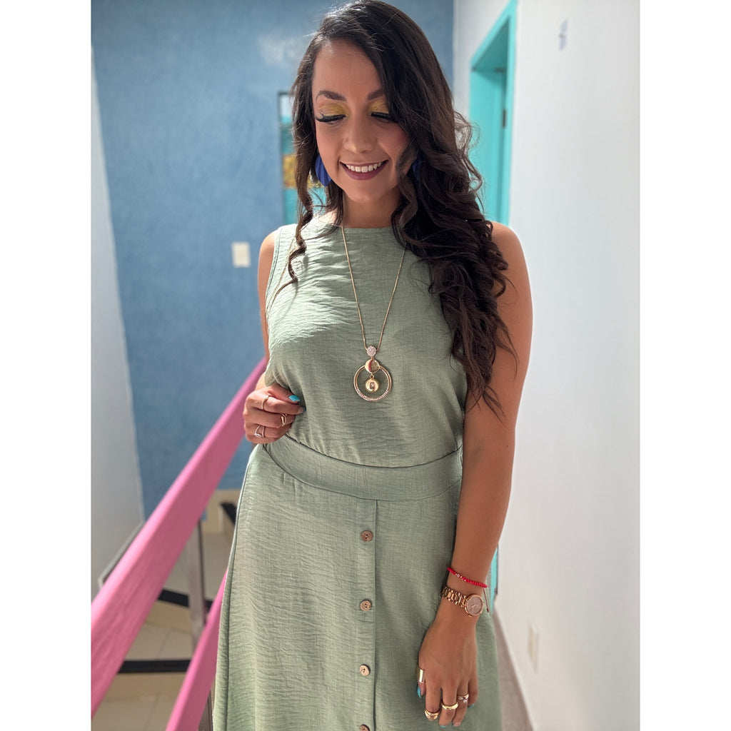 Conjunto falda con botones y blusa manga corta