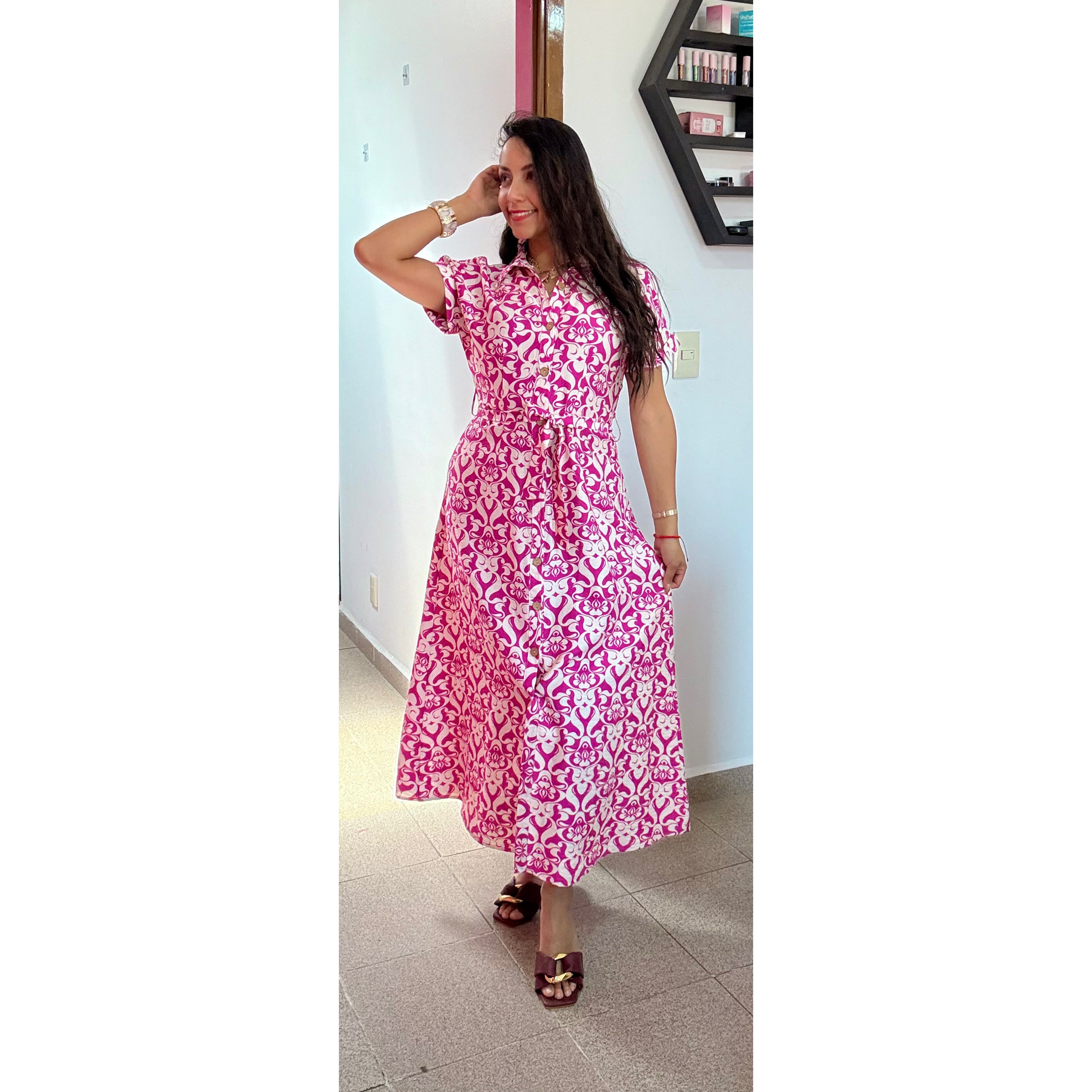 Vestido largo camisero manga corta magenta