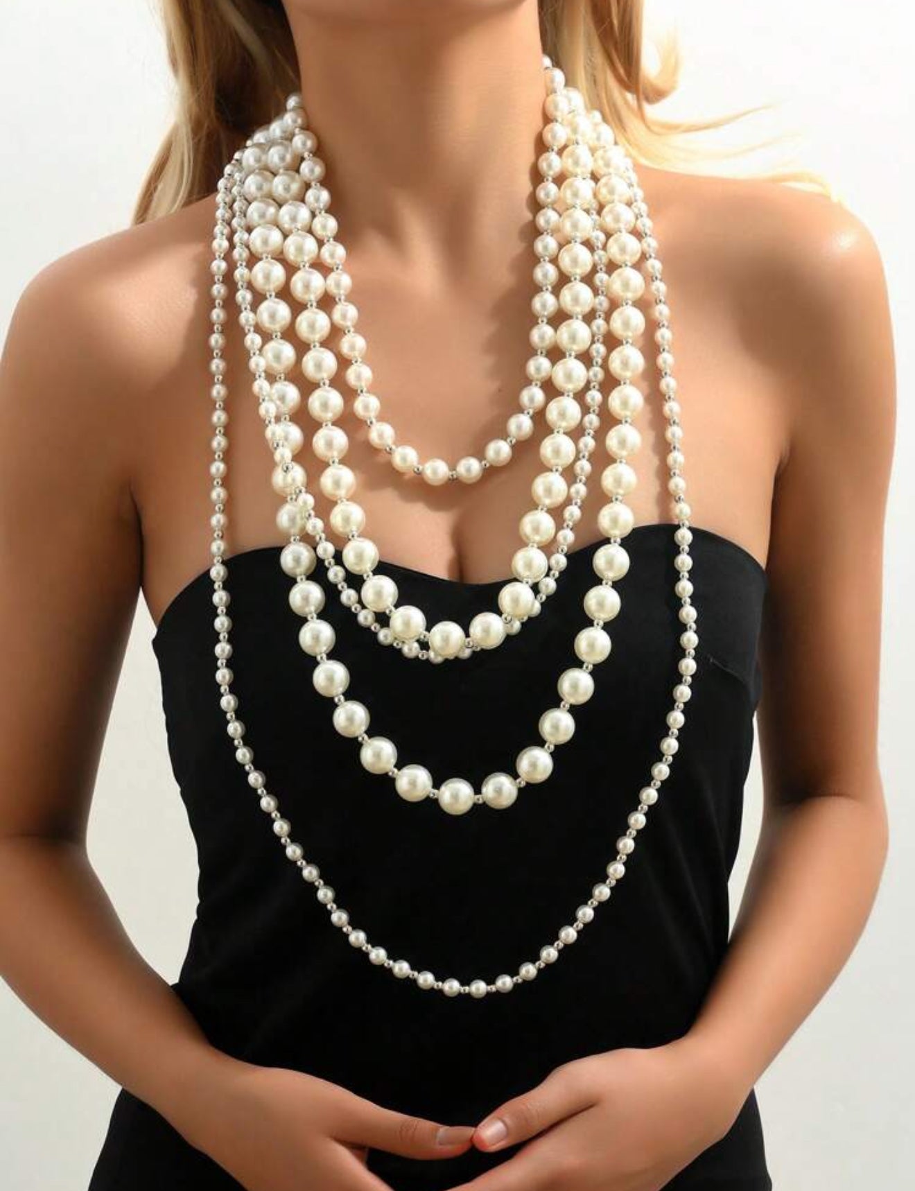 Collar cascada con perlas plateado