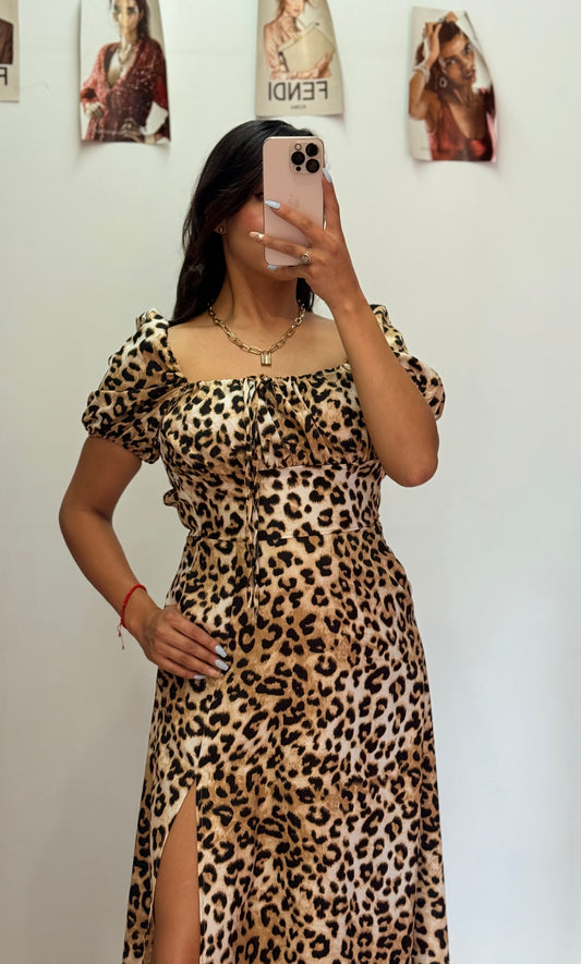 Vestido largo manga corta animal print con lazo en pecho
