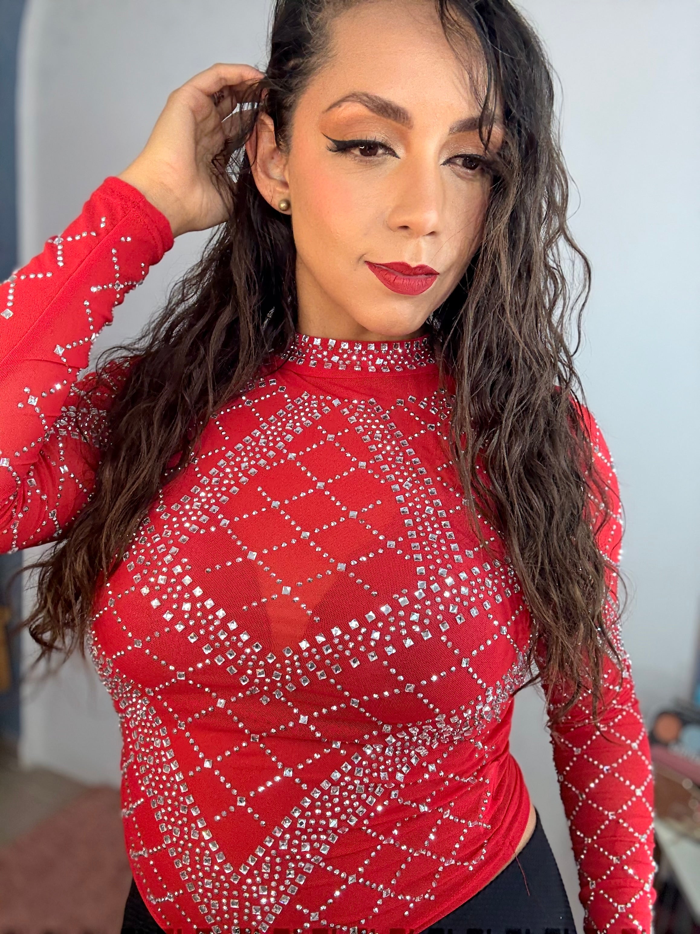 Blusa manga larga mesh con pedrería