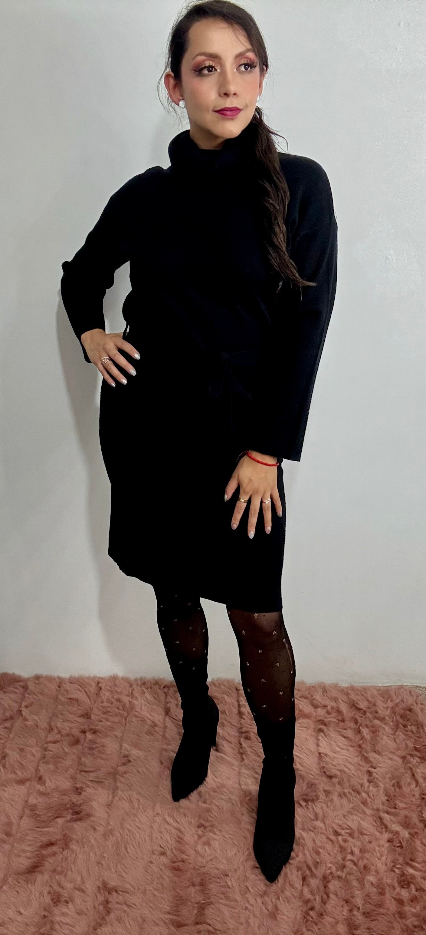 Suéter vestido con lazo en cintura