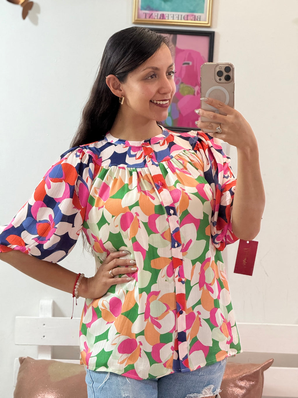 Blusa de colores manga 3/4 de cuello redondo
