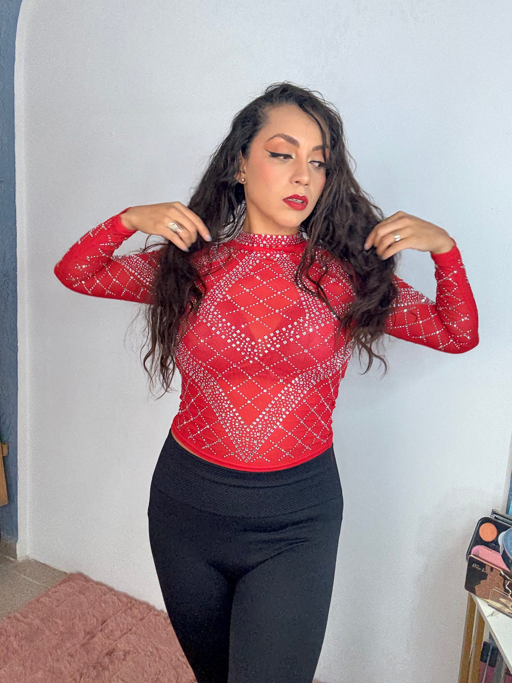 Blusa manga larga mesh con pedrería