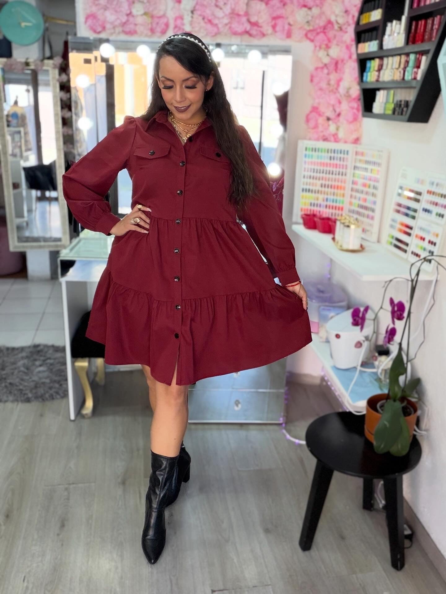 Vestido vino botones negros