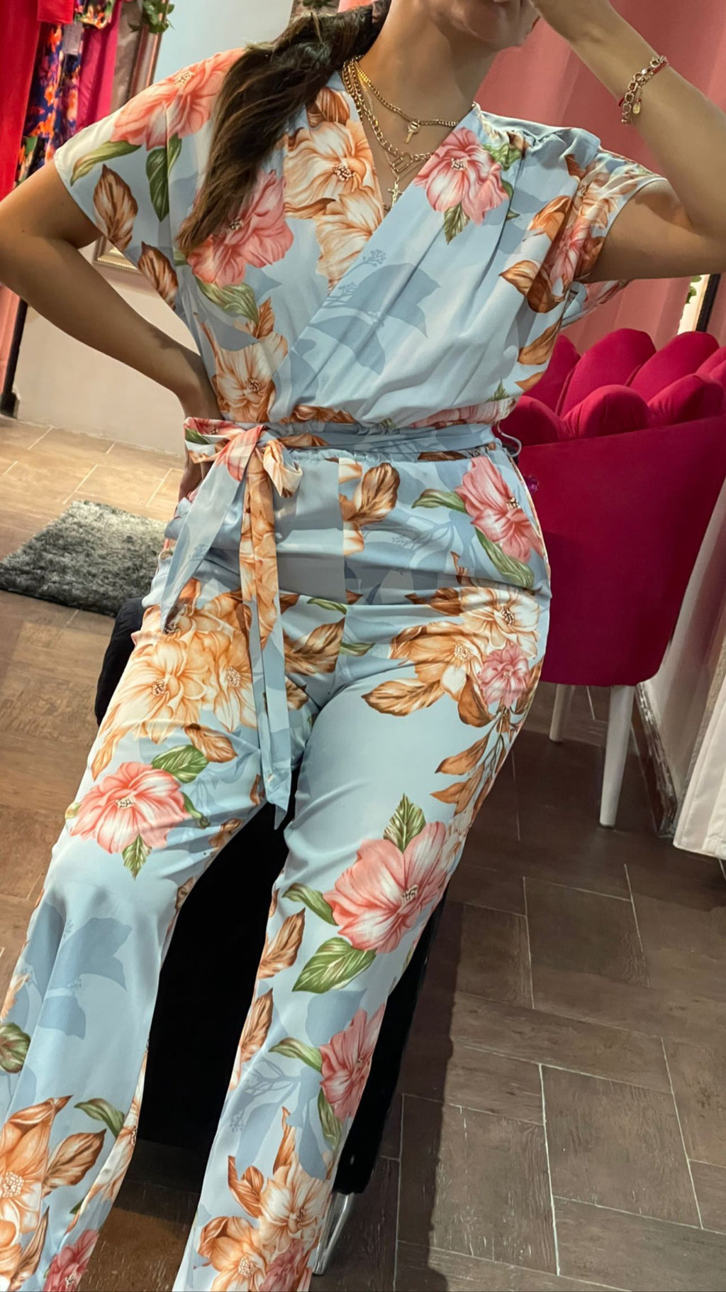 Palazzo floral manga corta, cinta en cintura