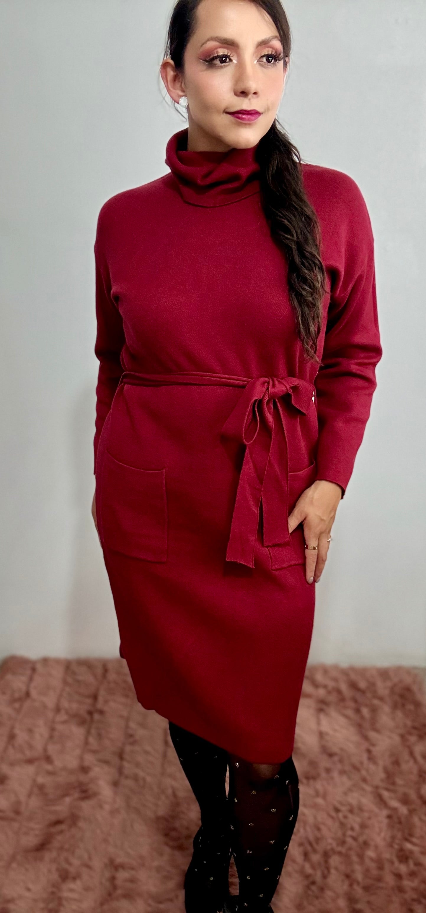 Suéter vestido con lazo en cintura