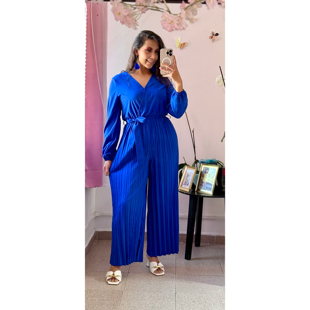 Palazzo azul rey manga larga con cinta en cintura