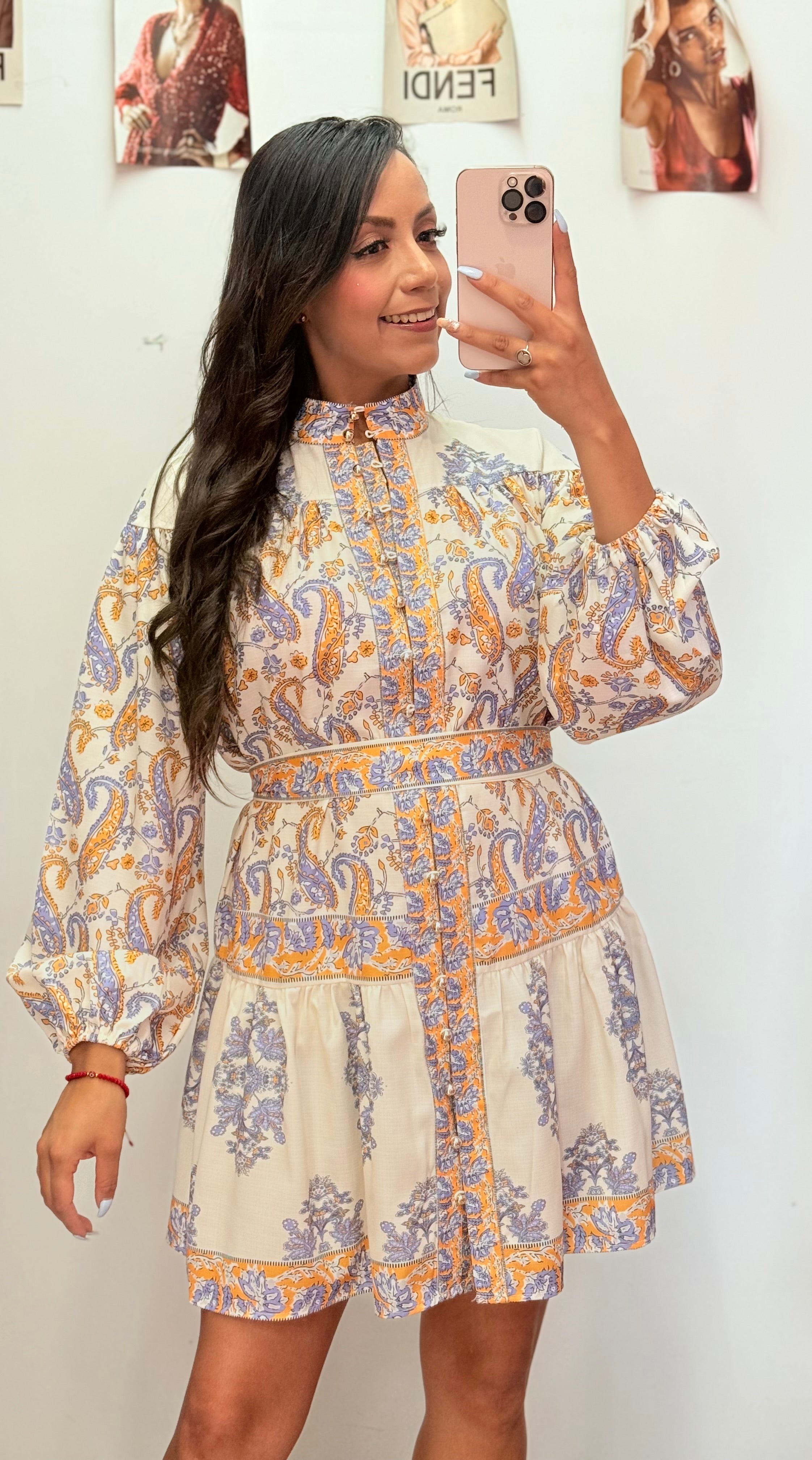 Vestido corto manga larga vintage mujer