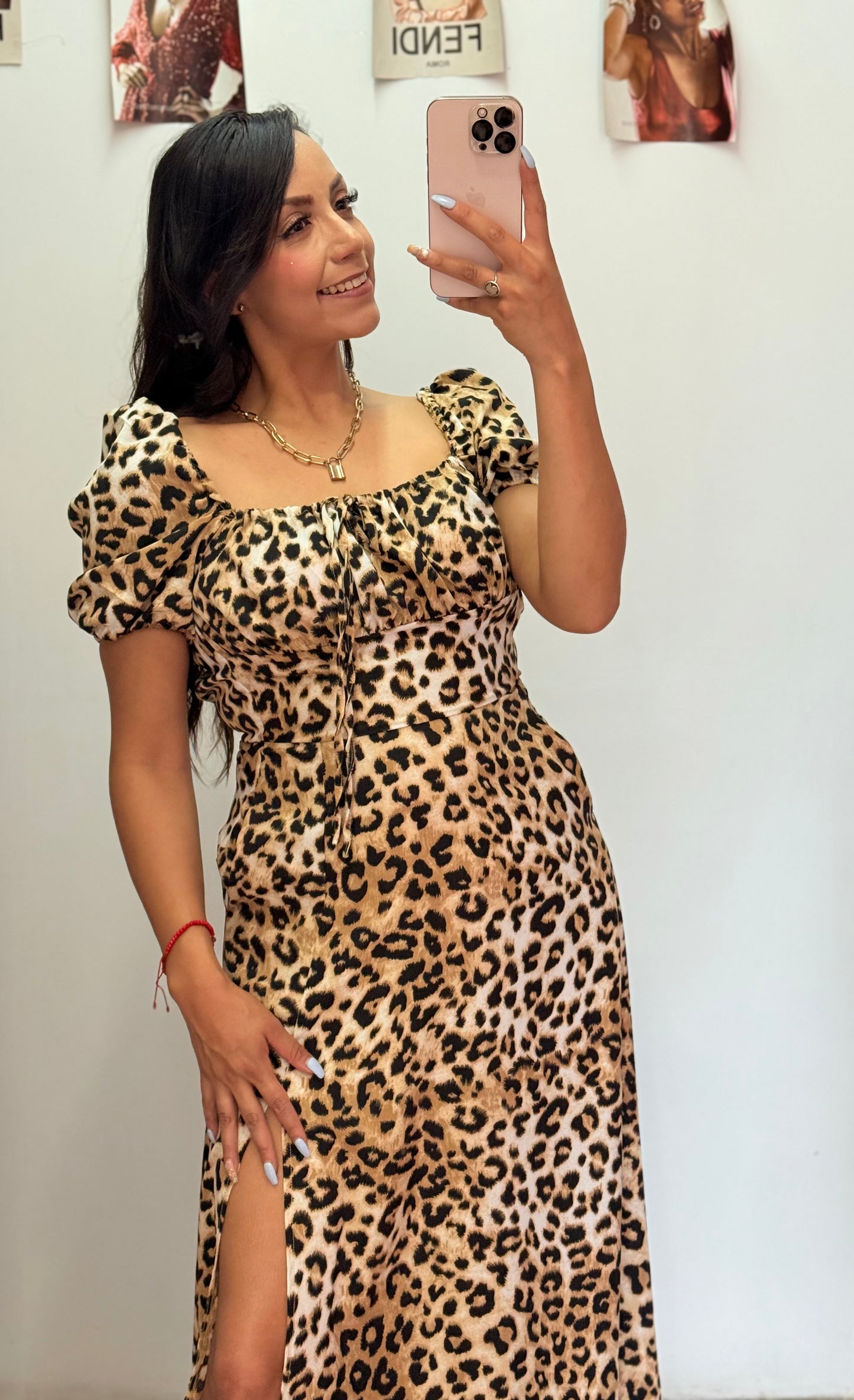 Vestido largo manga corta animal print con lazo en pecho