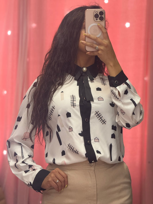 Camisa con moño en cuello de manga larga