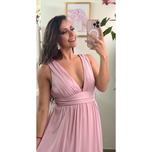 Vestido largo escote v con pierna descubierta