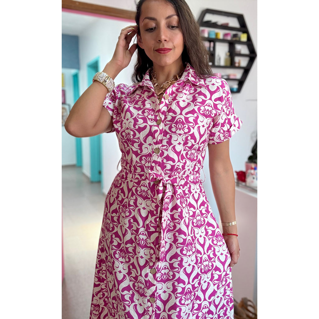 Vestido largo camisero manga corta magenta