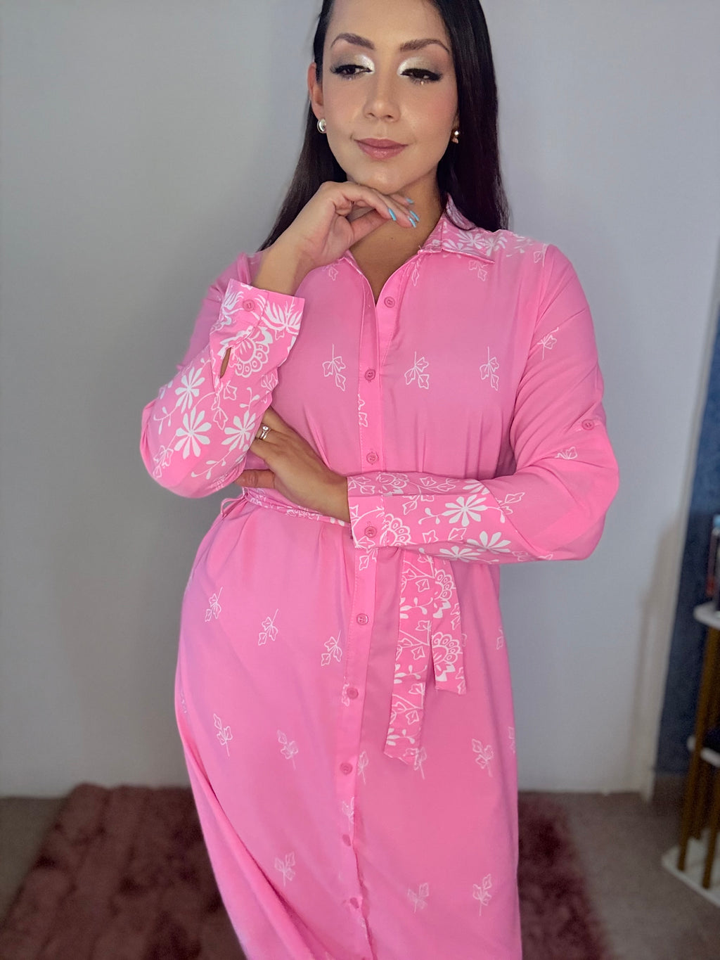 Vestido largo camisero de manga larga con cinta