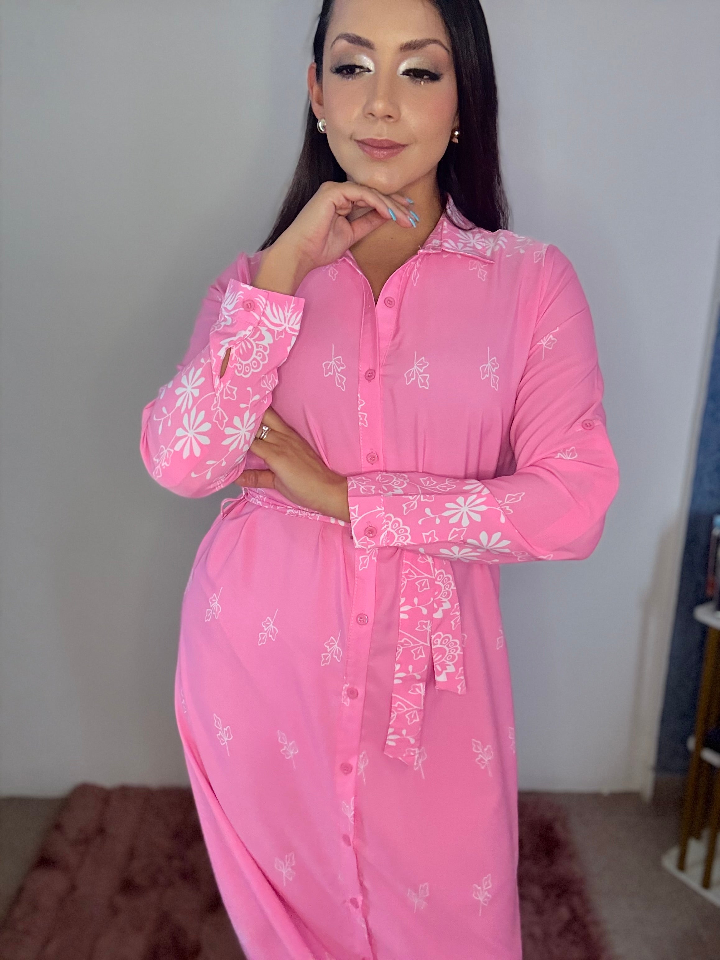 Vestido largo camisero de manga larga con cinta