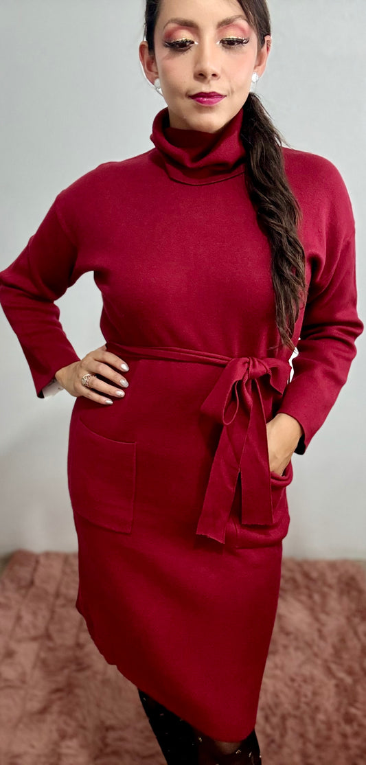 Suéter vestido con lazo en cintura