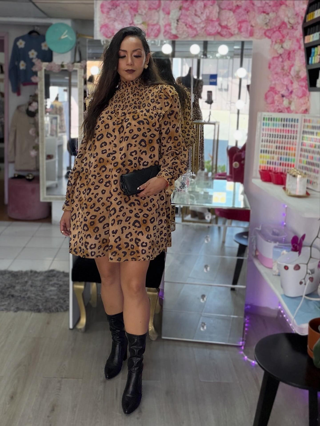 Vestido animal print cuello de resorte