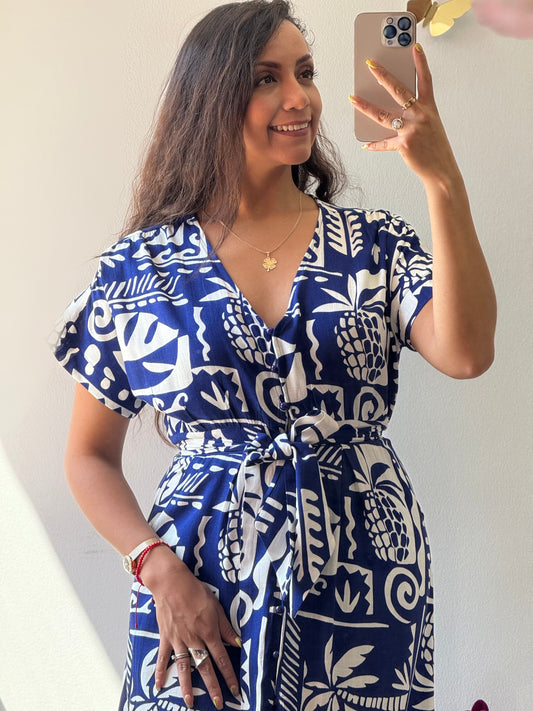 Vestido largo azul con blanco estampado santorini