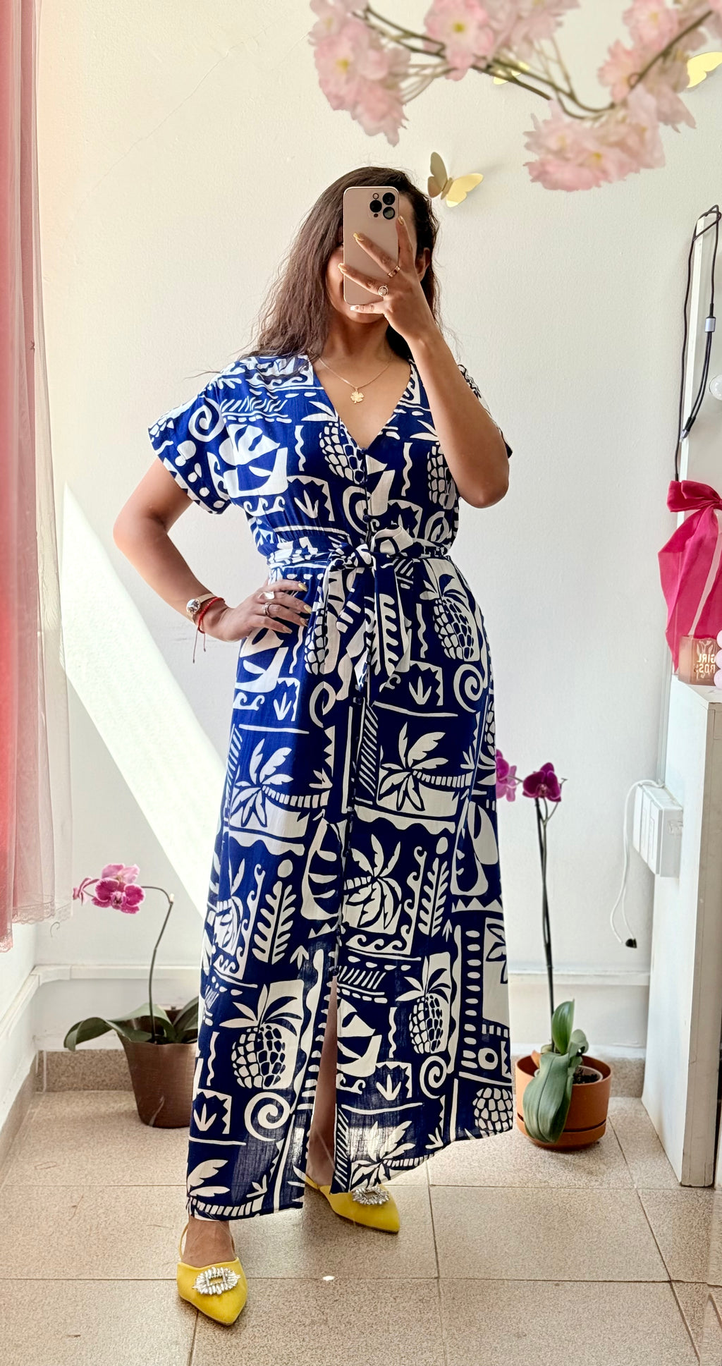 Vestido largo azul con blanco estampado santorini