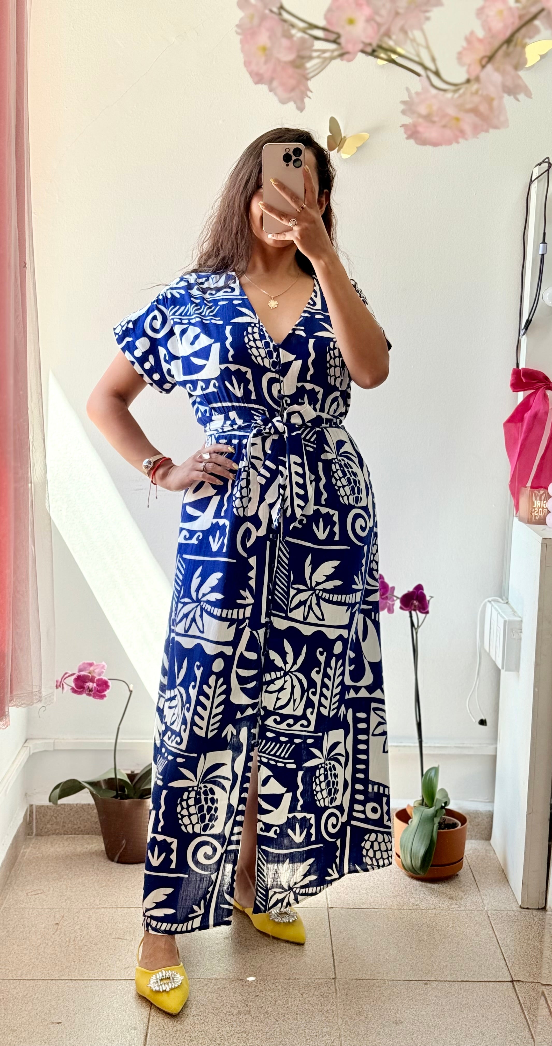 Vestido largo azul con blanco estampado santorini