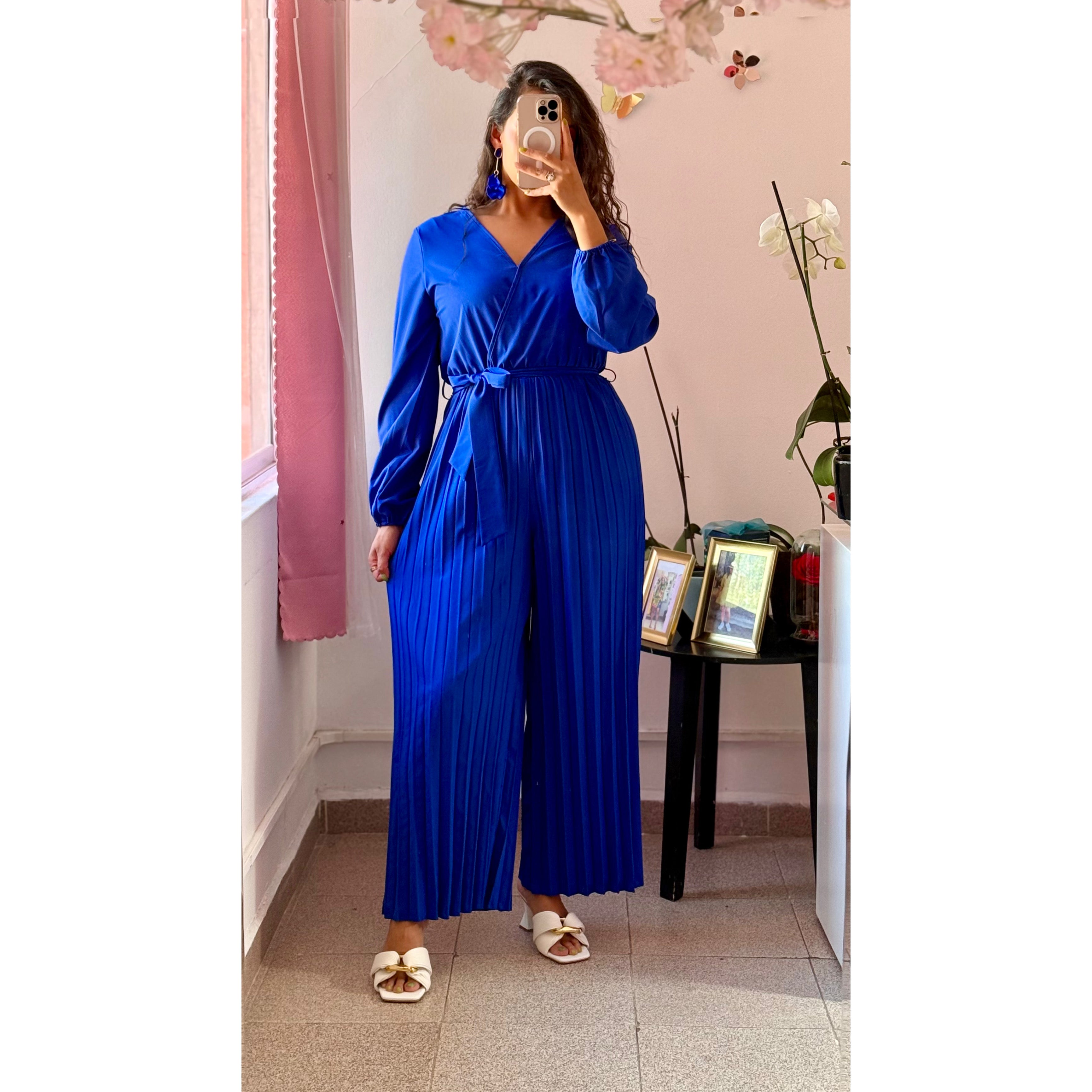 Palazzo azul rey manga larga con cinta en cintura