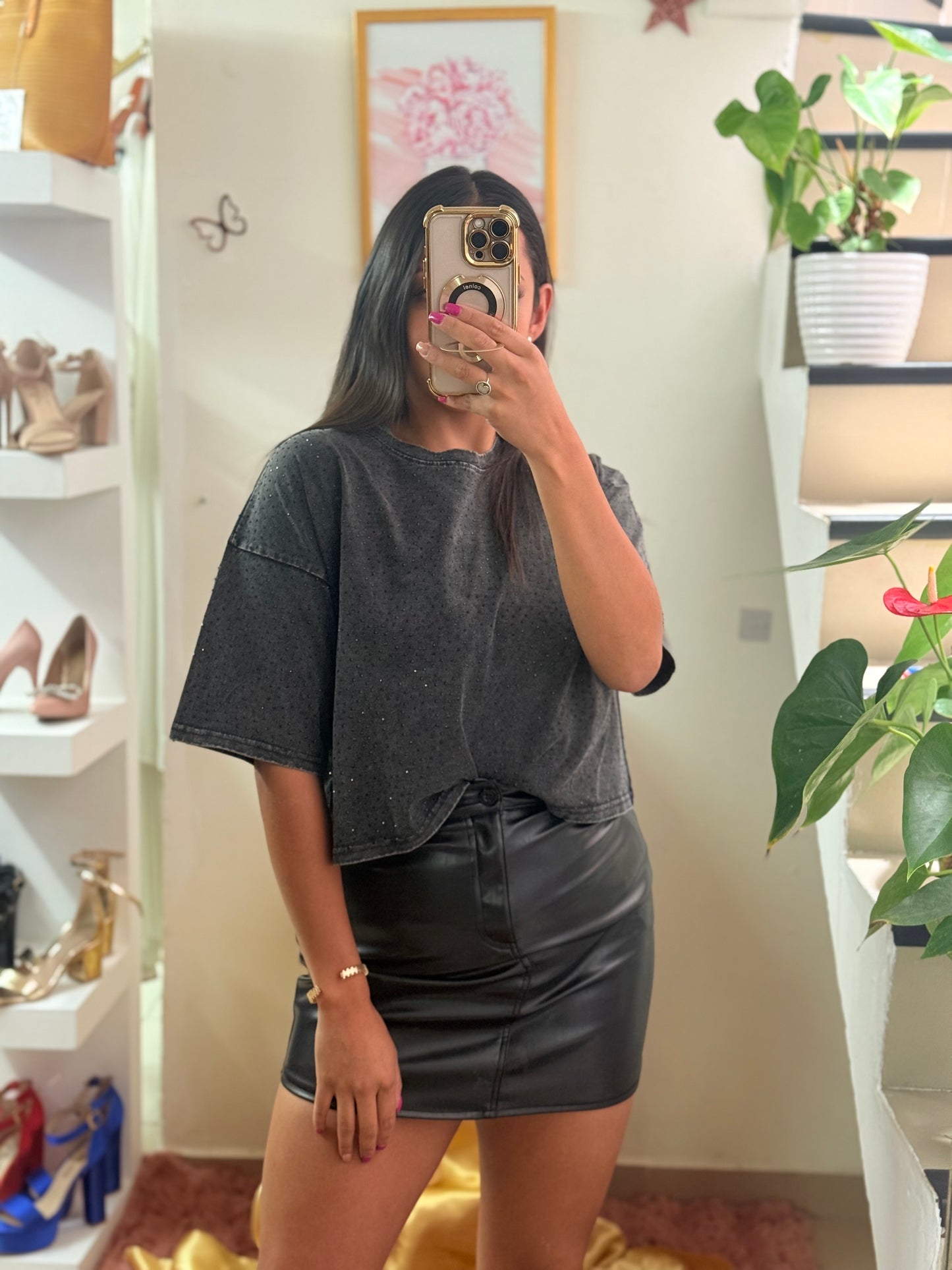 Playera corta oversize brillos