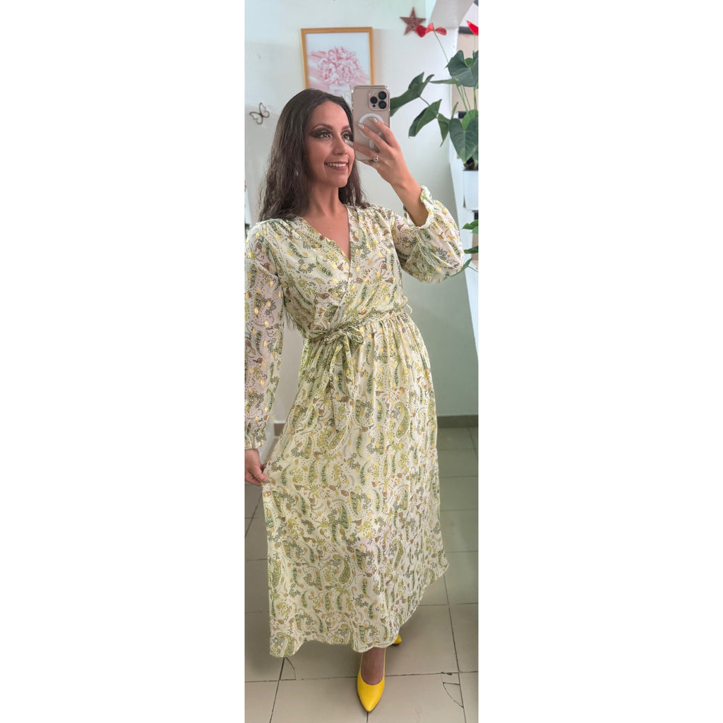 Vestido largo cuello v manga larga con estampado floral