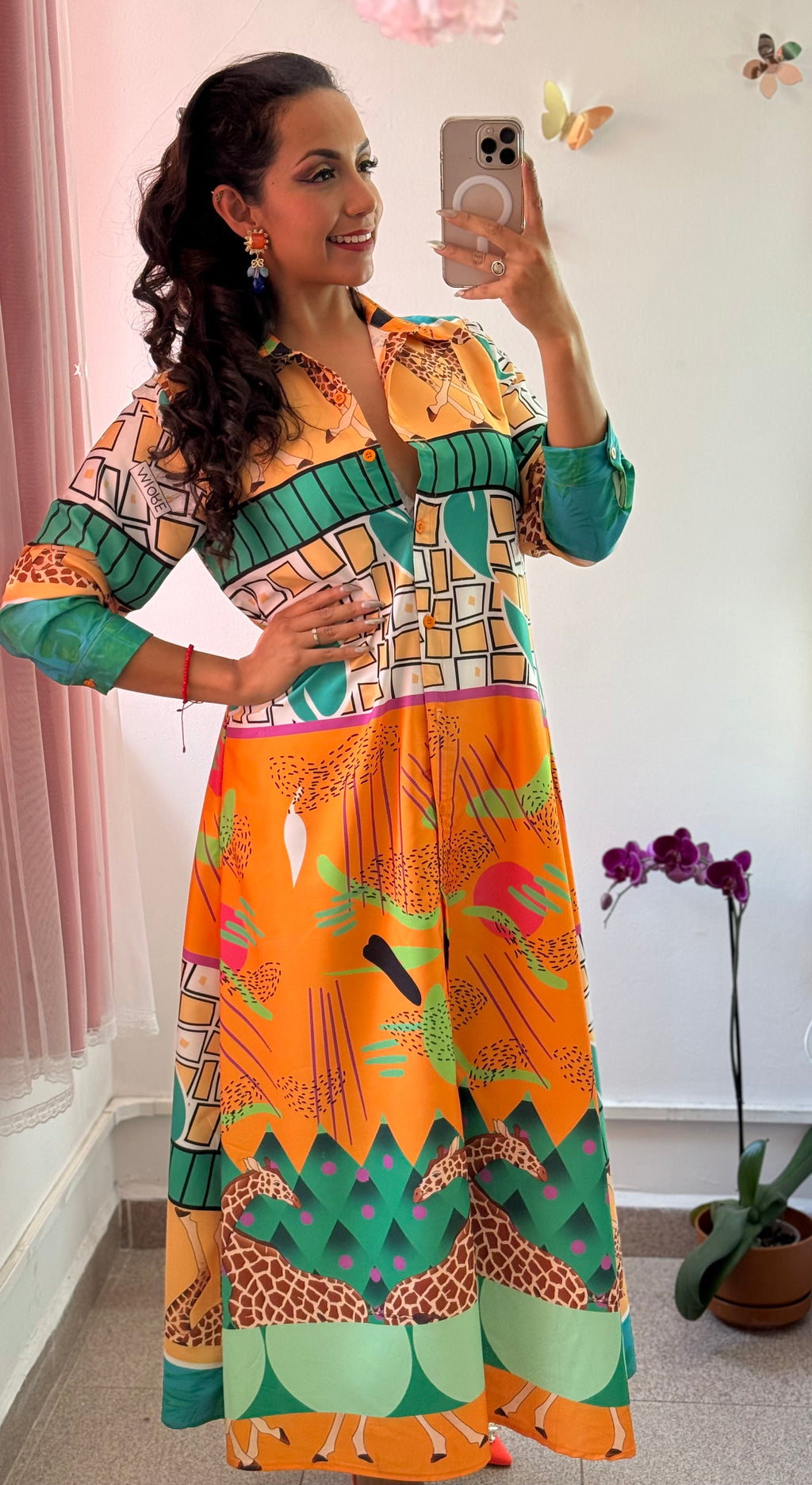 Blusón largo camisero manga larga estampado