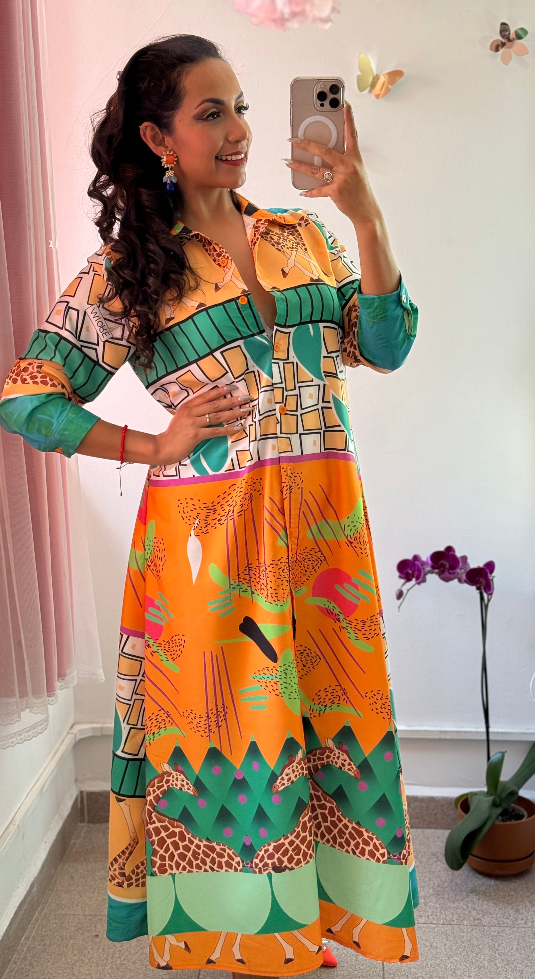 Blusón largo camisero manga larga estampado