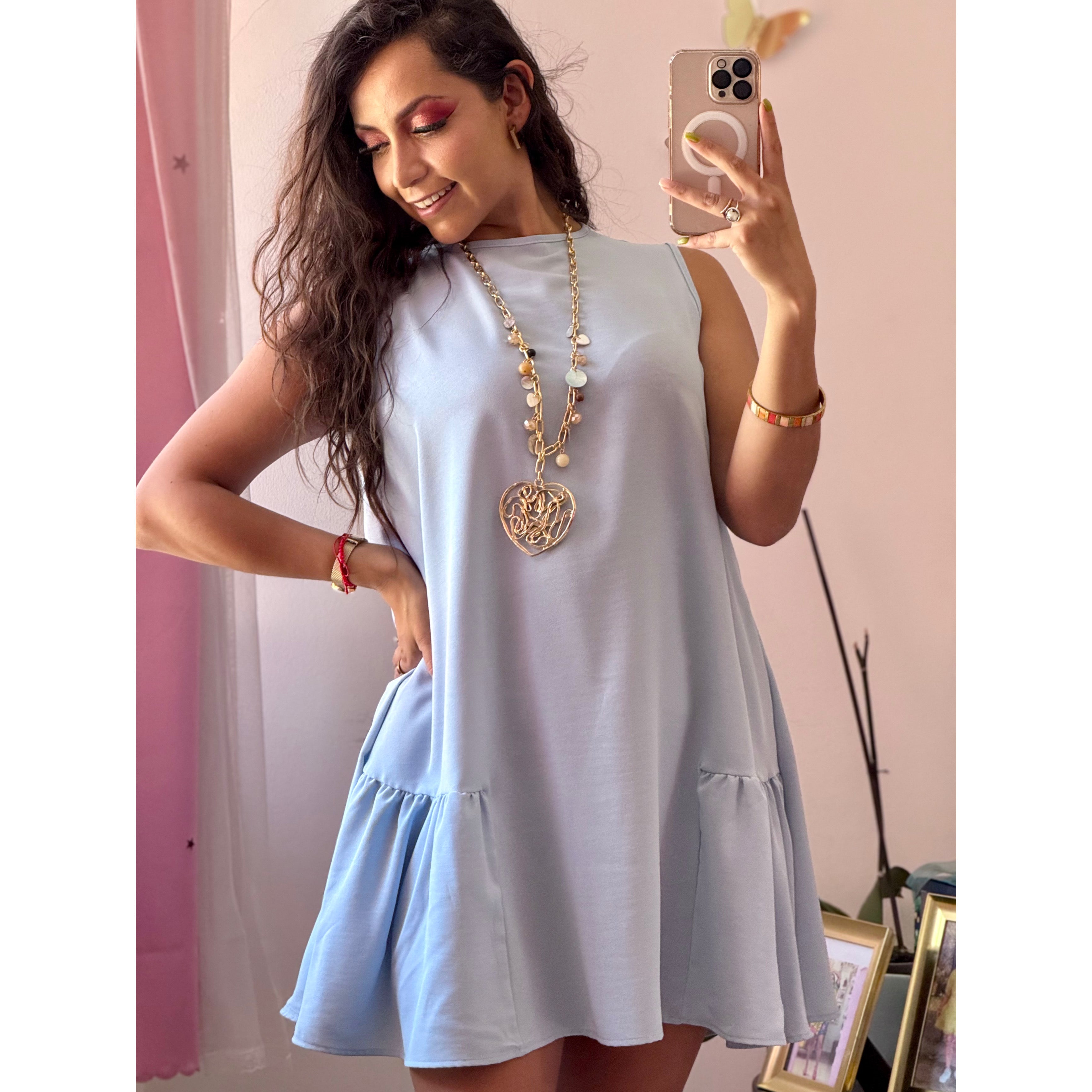 Vestido corto sin manga corte A con vuelo