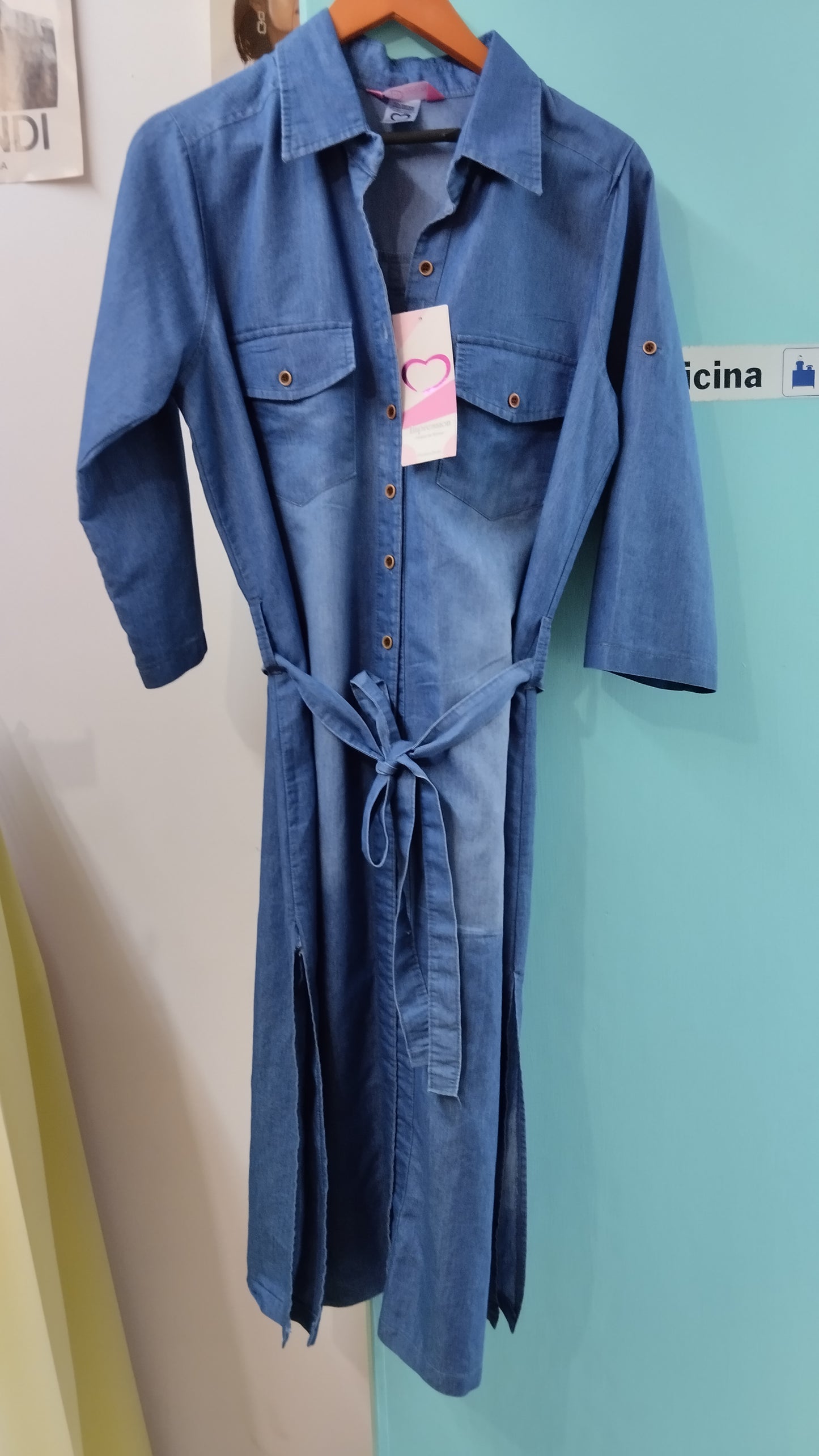 Vestido mezclilla manga larga y cinta