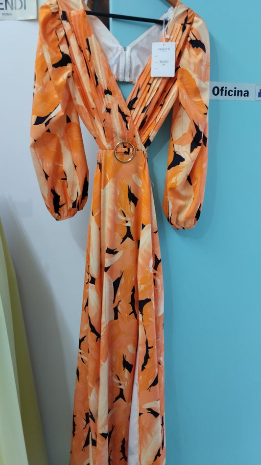 Vestido largo estampado hojas pierna y espalda descubierta